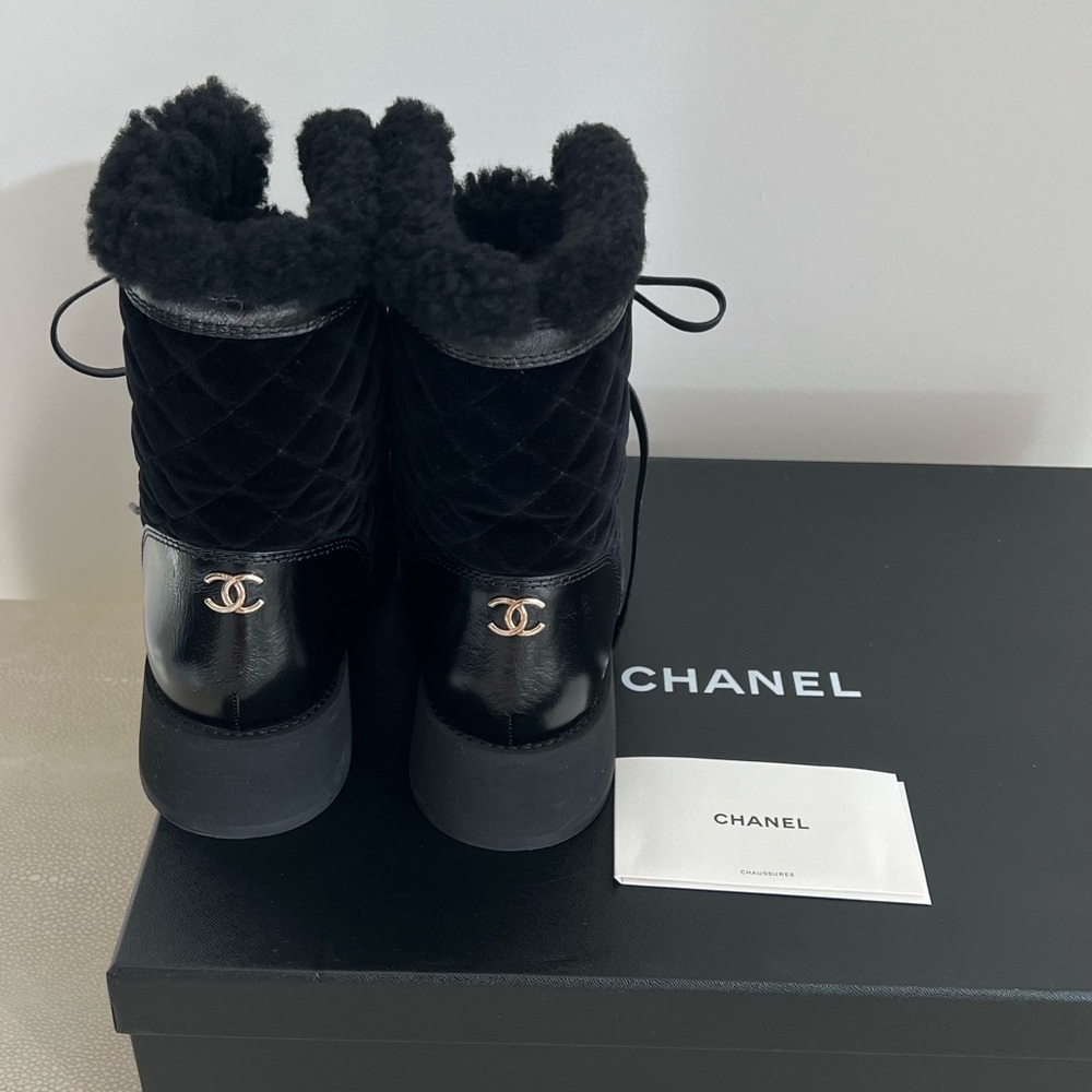 CHANEL Shiny Crumpled Calfskin Velvet Black Lace Up Boots 38